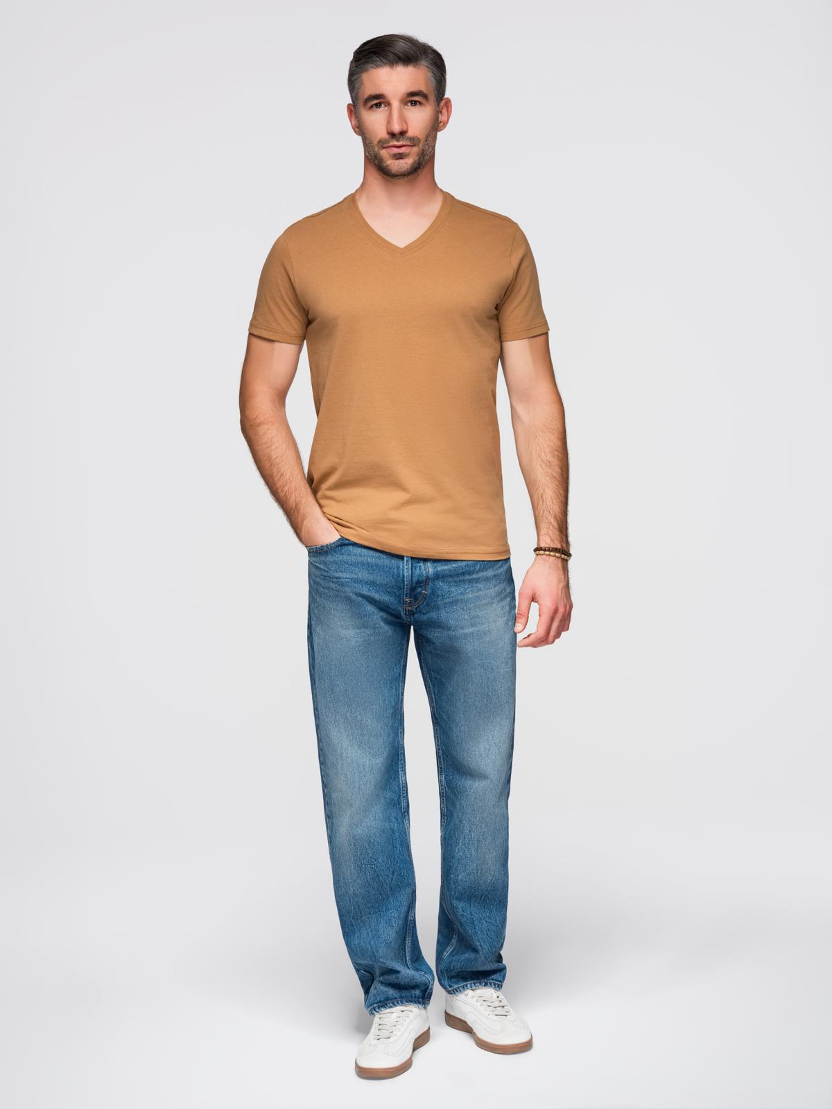 Ombre Men's BASIC classic cotton T-shirt with a v-neck - brown