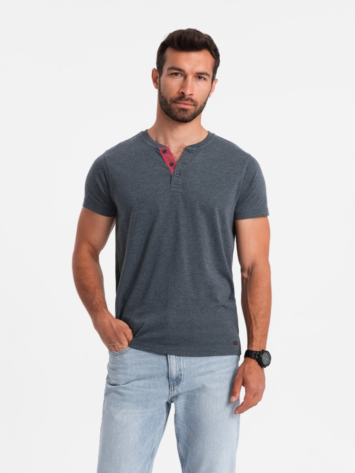 Ombre Men's T-shirt with unbuttoned round henley neckline - navy blue