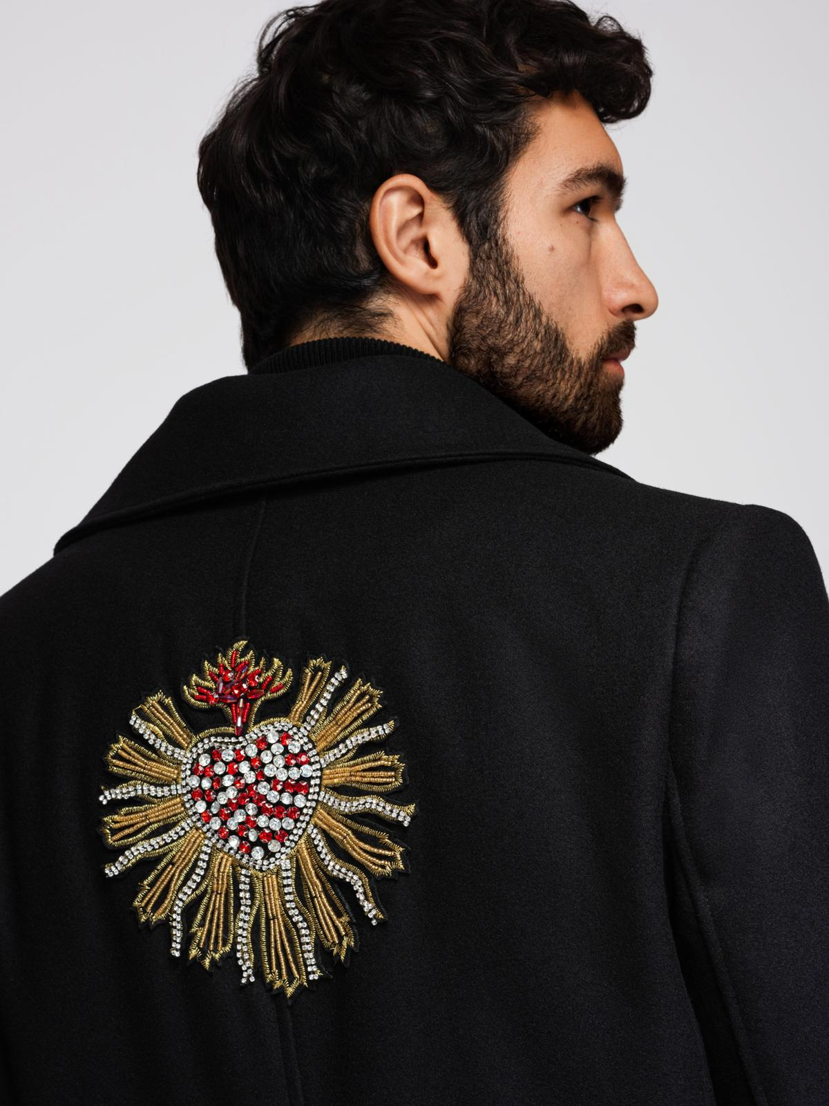 Ombre Men's double-breasted wool coat with decorative appliqués - black