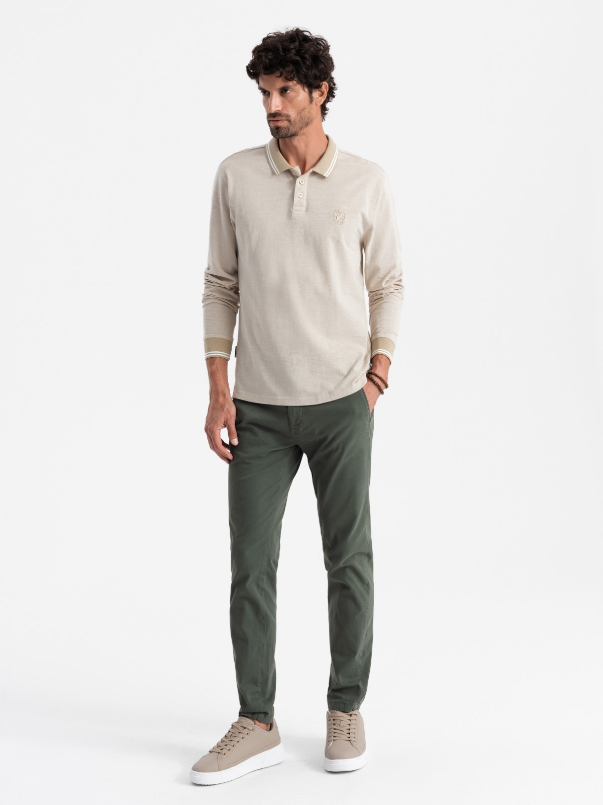 Ombre Men's melange polo longsleeve with embroidery - sand melange