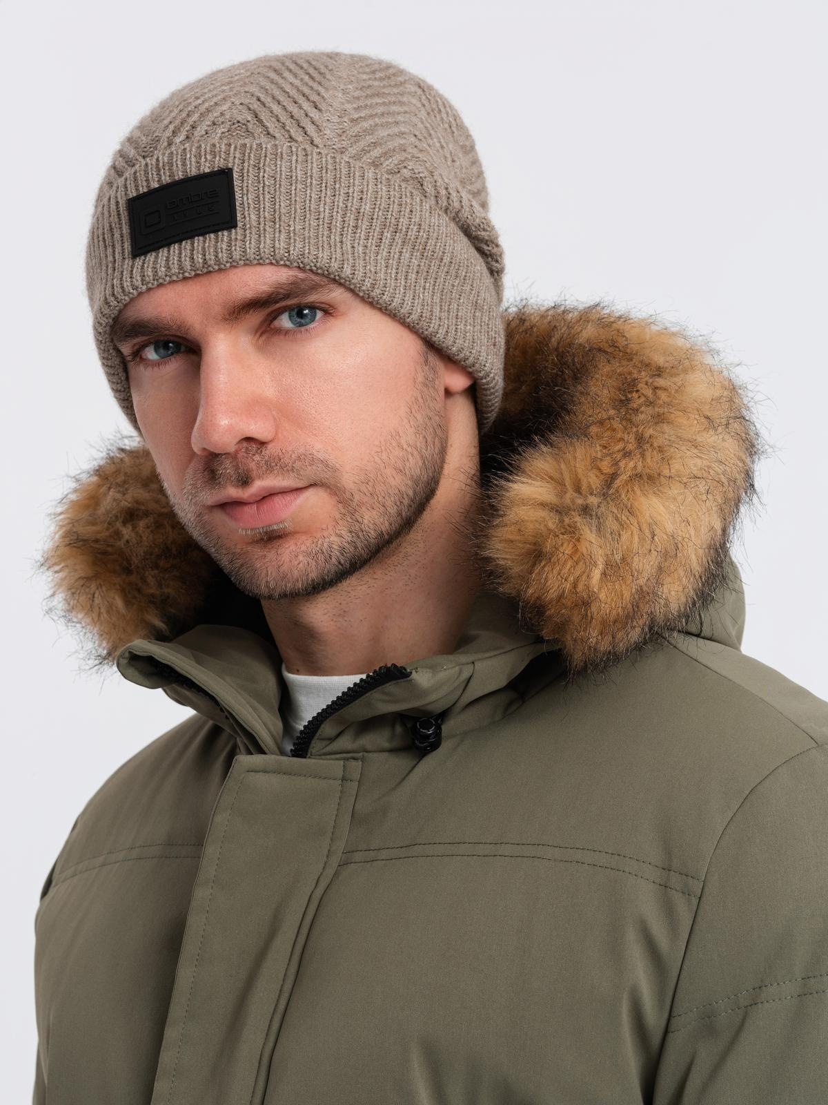 Ombre Men's knitted sweater-weave cap with patch - ash