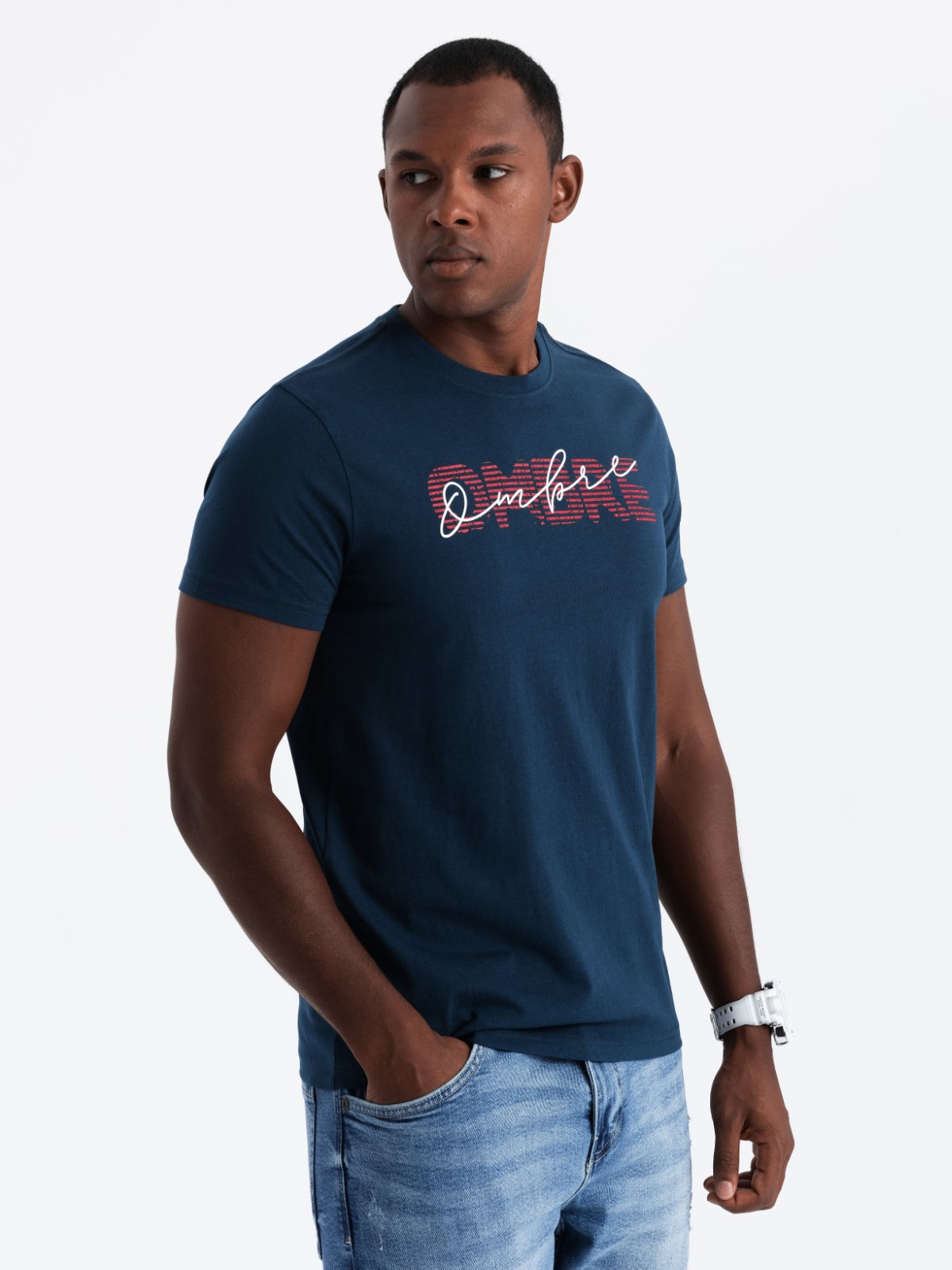 Ombre Men&#039;s cotton t-shirt with double printed logo - navy blue