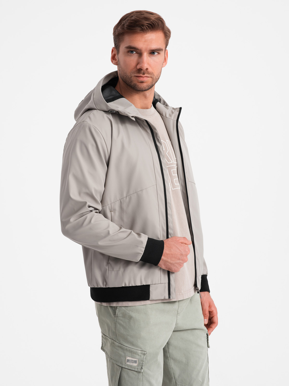 Ombre Men&#039;s lightweight jacket with mesh lining and hood - grey