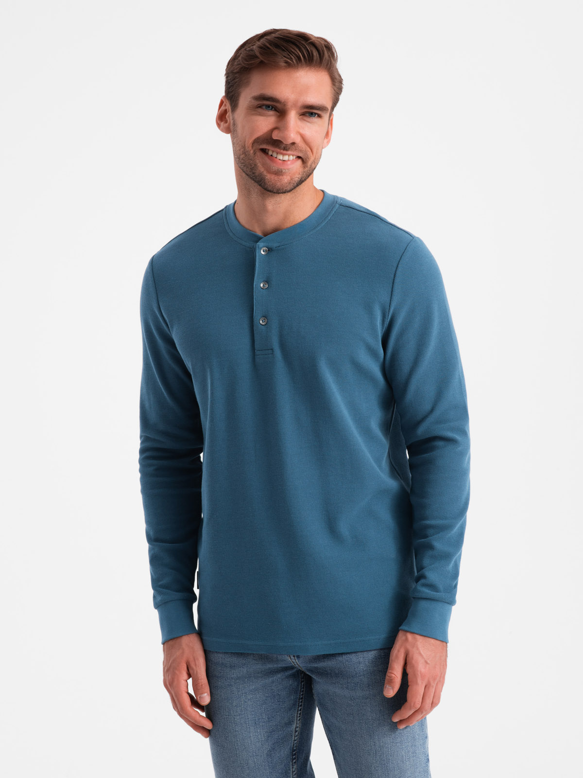 Ombre Men's waffle knit longsleeve fastened at the neck - blue denim