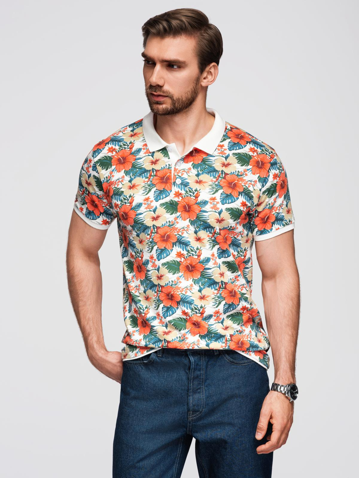 Ombre Cotton polo shirt with floral print - white