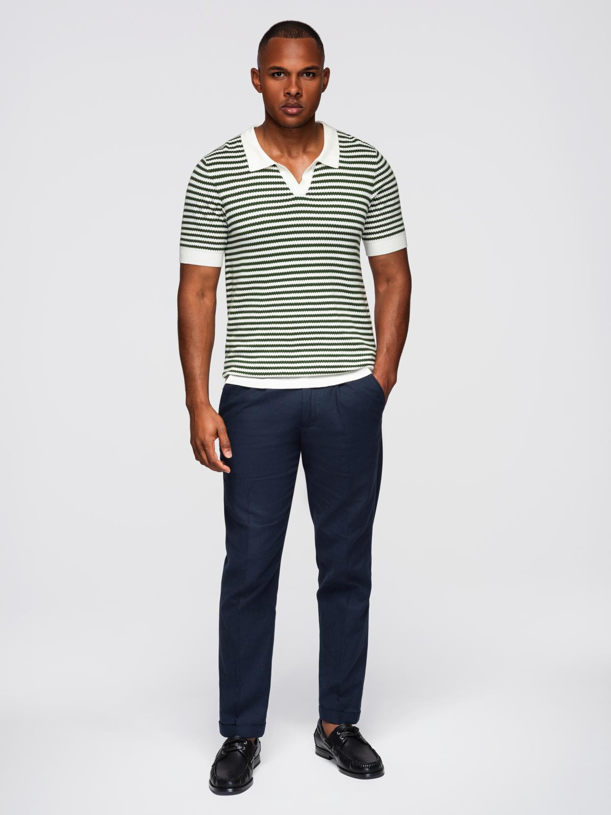 Ombre Men's knitted buttonless polo shirt with navy stripes - white and olive