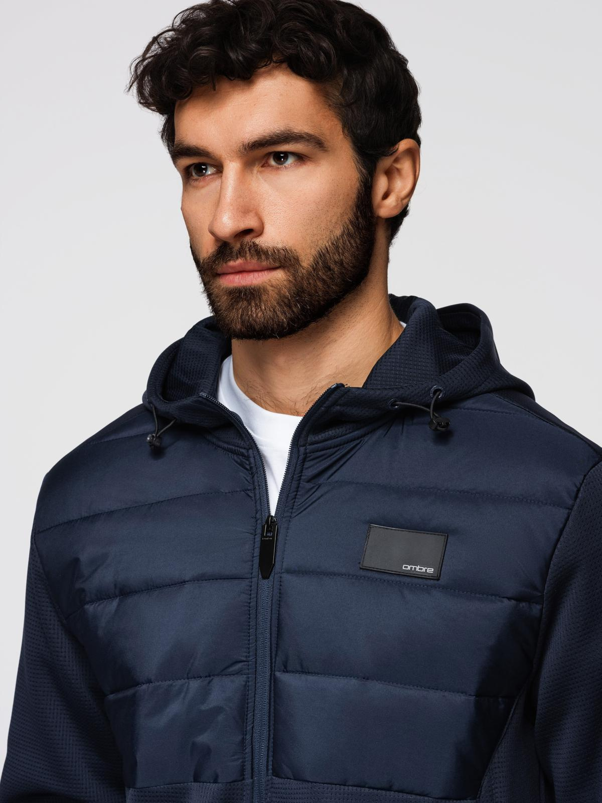 Ombre Men's lightweight jacket of combined materials with hood and decorative quilting - navy blue
