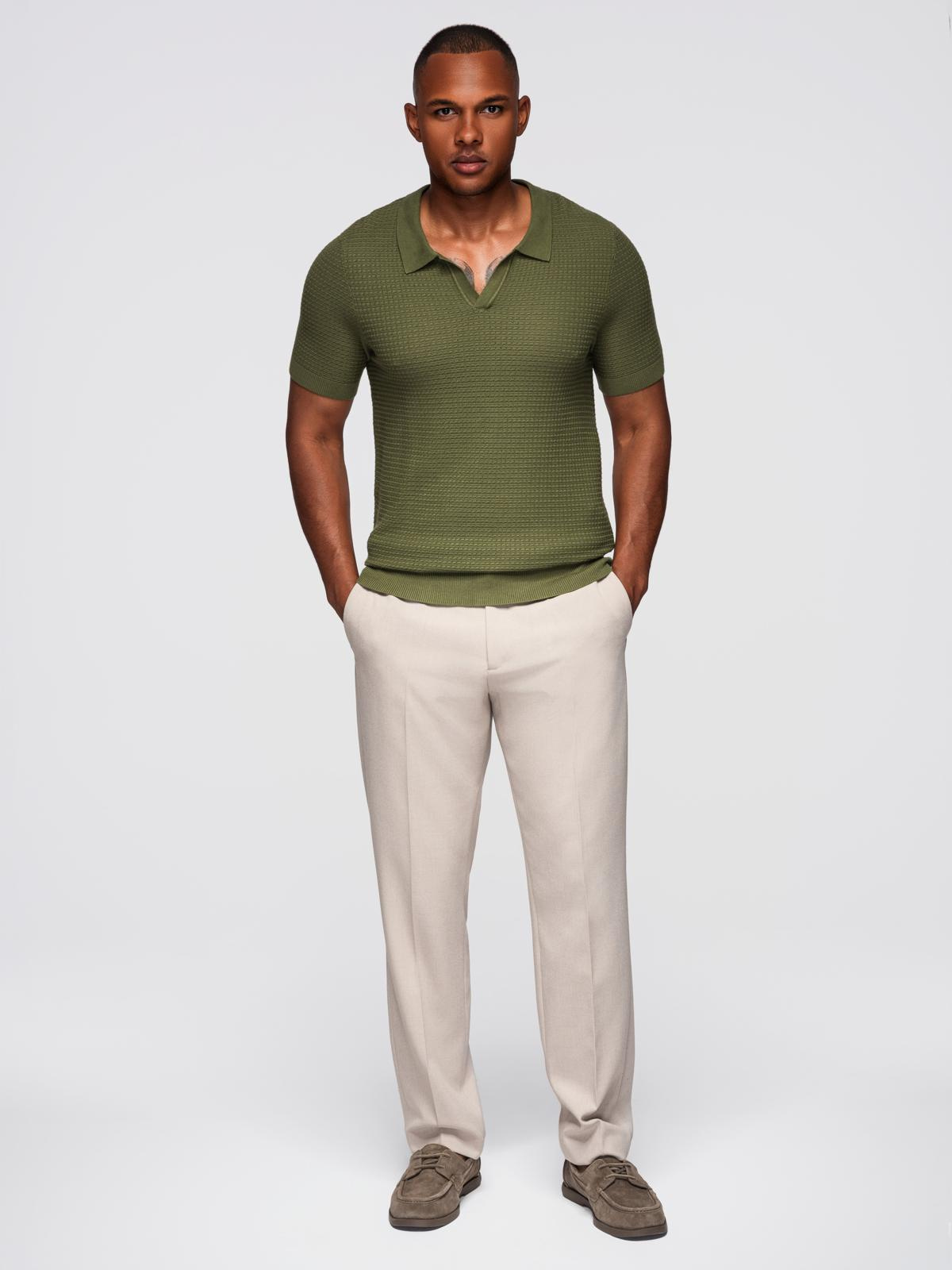Ombre Men's knitted unbuttoned polo shirt - olive