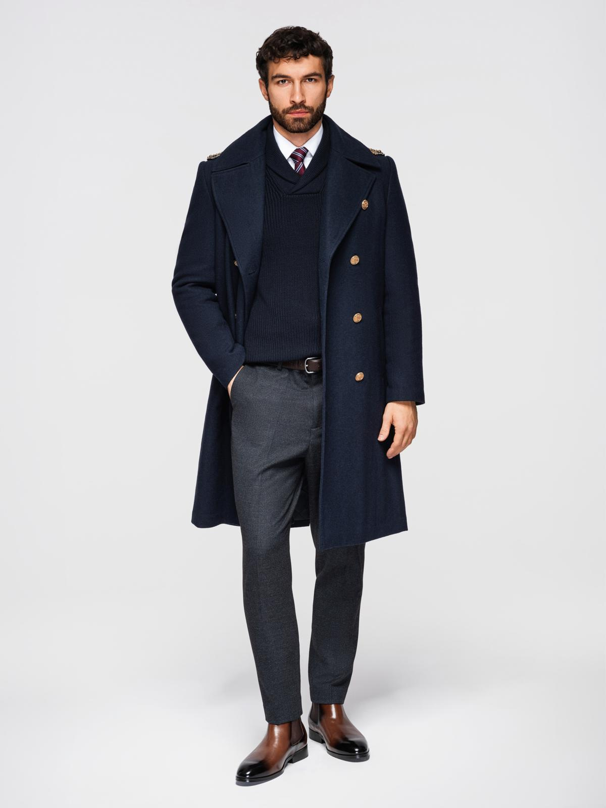 Ombre Men's double-breasted coat with wool and decorative shoulder applications -