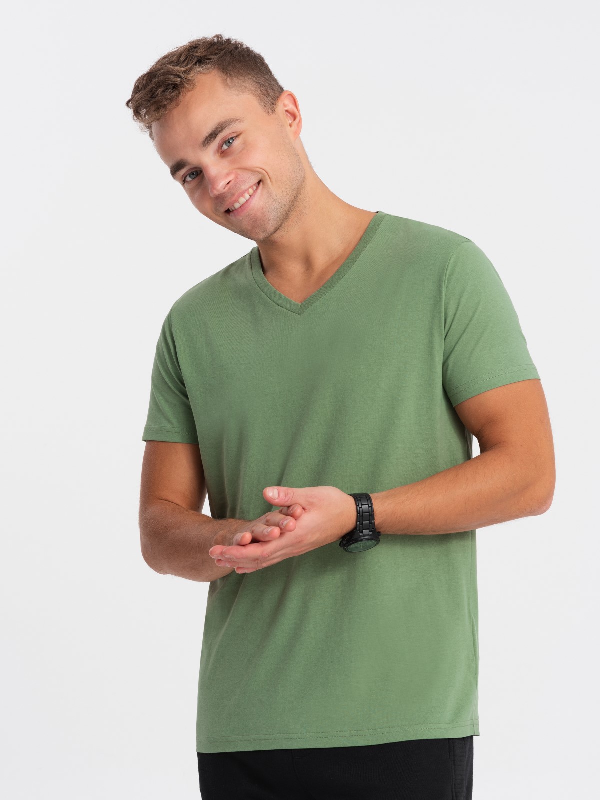 Levně Ombre BASIC men's classic cotton T-shirt with a crew neckline - green