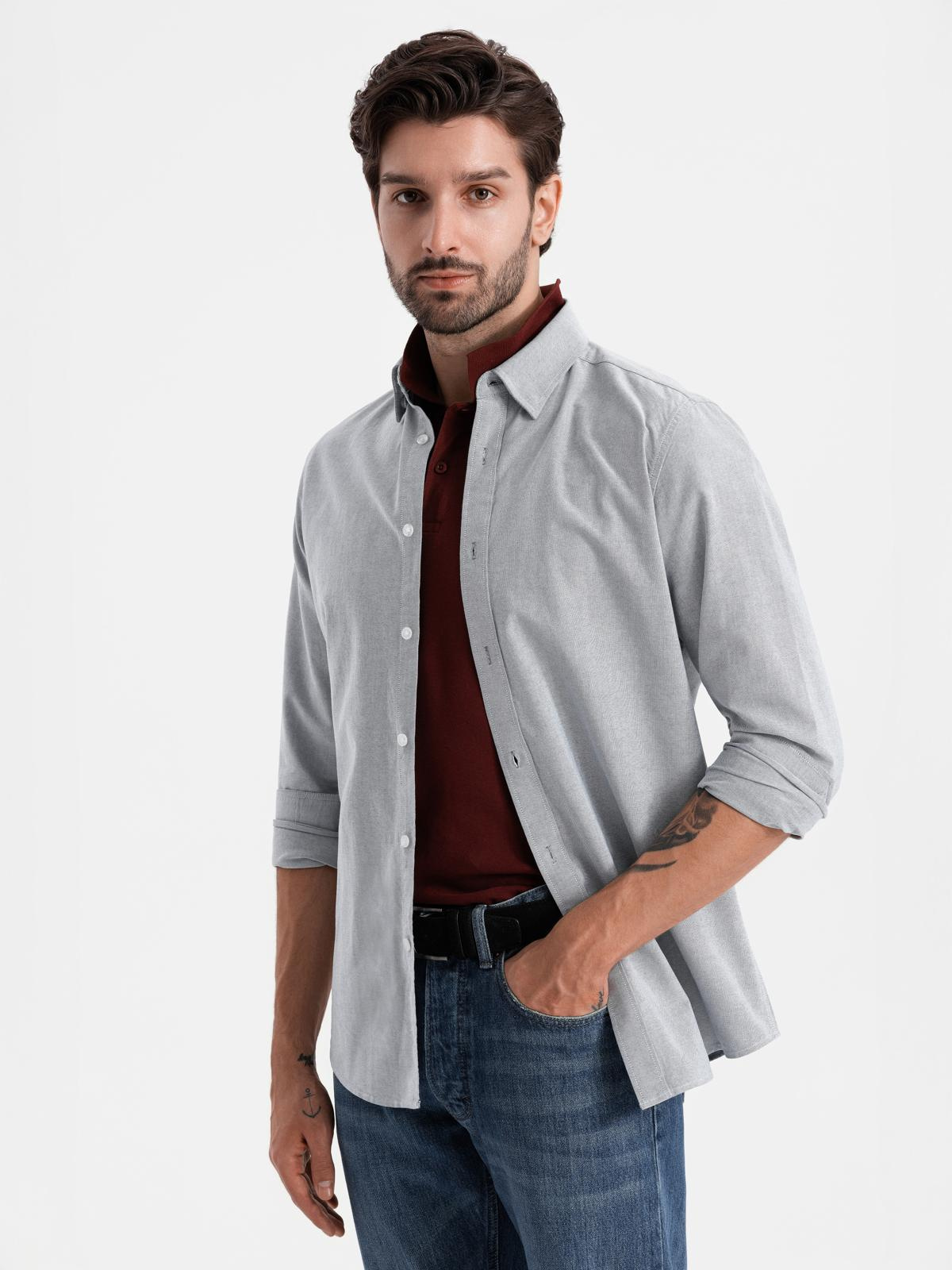 Ombre Elegant men&#039;s oxford shirt with embroidery - light grey