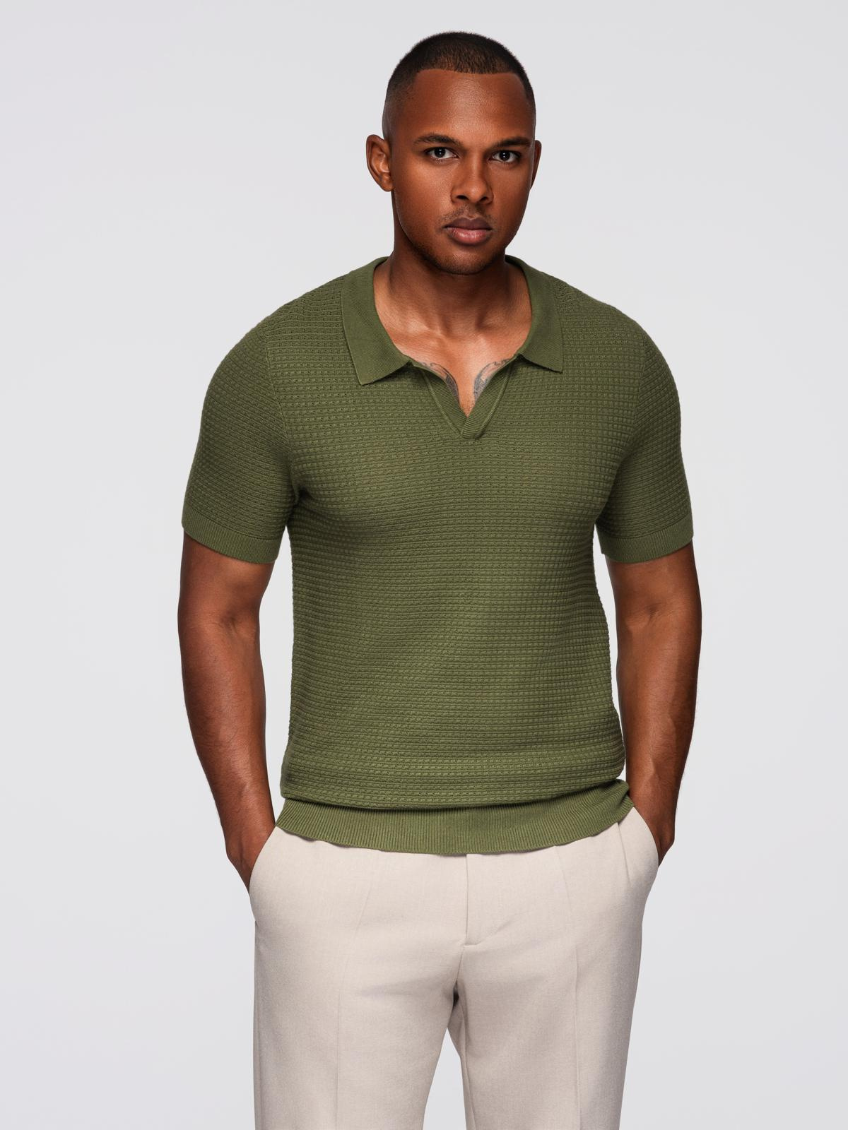 Ombre Men's knitted unbuttoned polo shirt - olive