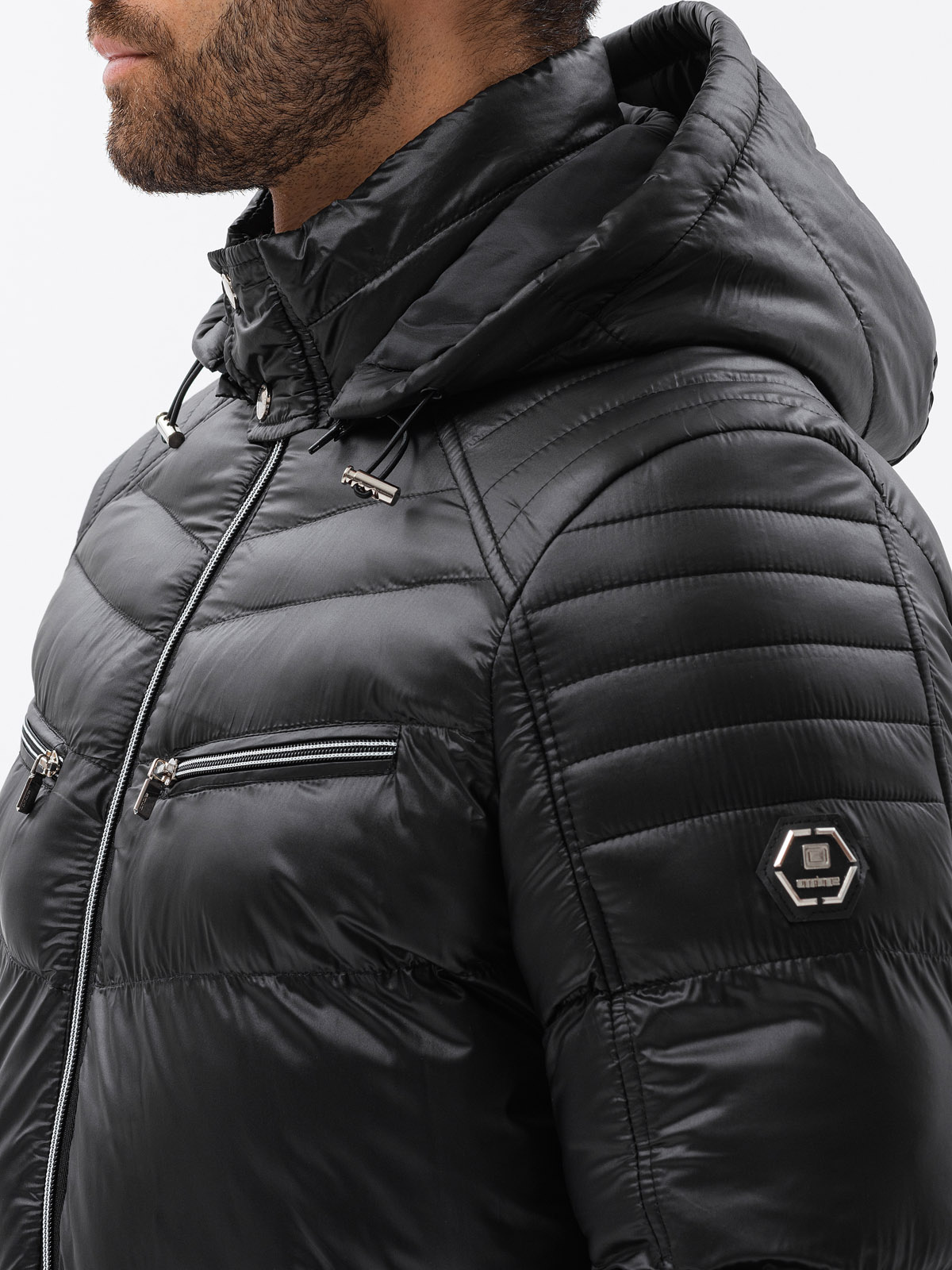 Ombre Men&#039;s winter quilted jacket with decorative zippers - black