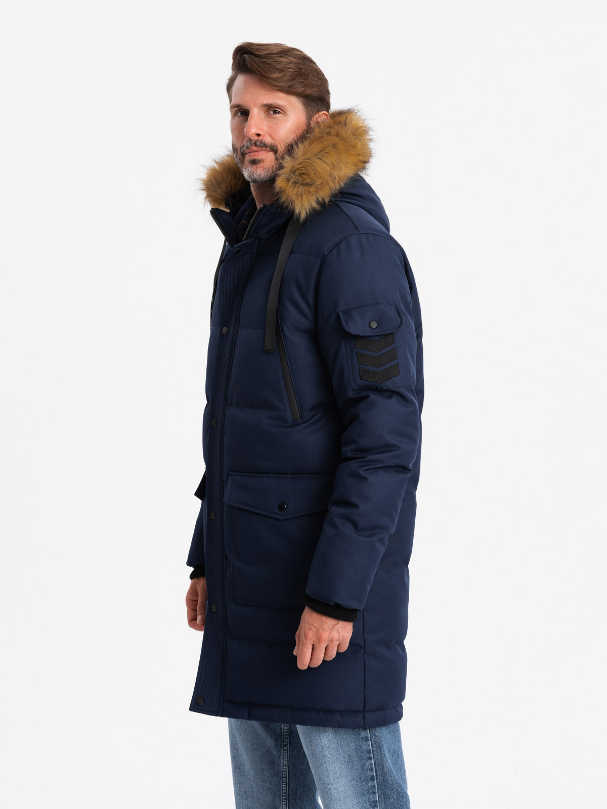 Ombre Men&#039;s long warm parka hooded jacket - navy blue