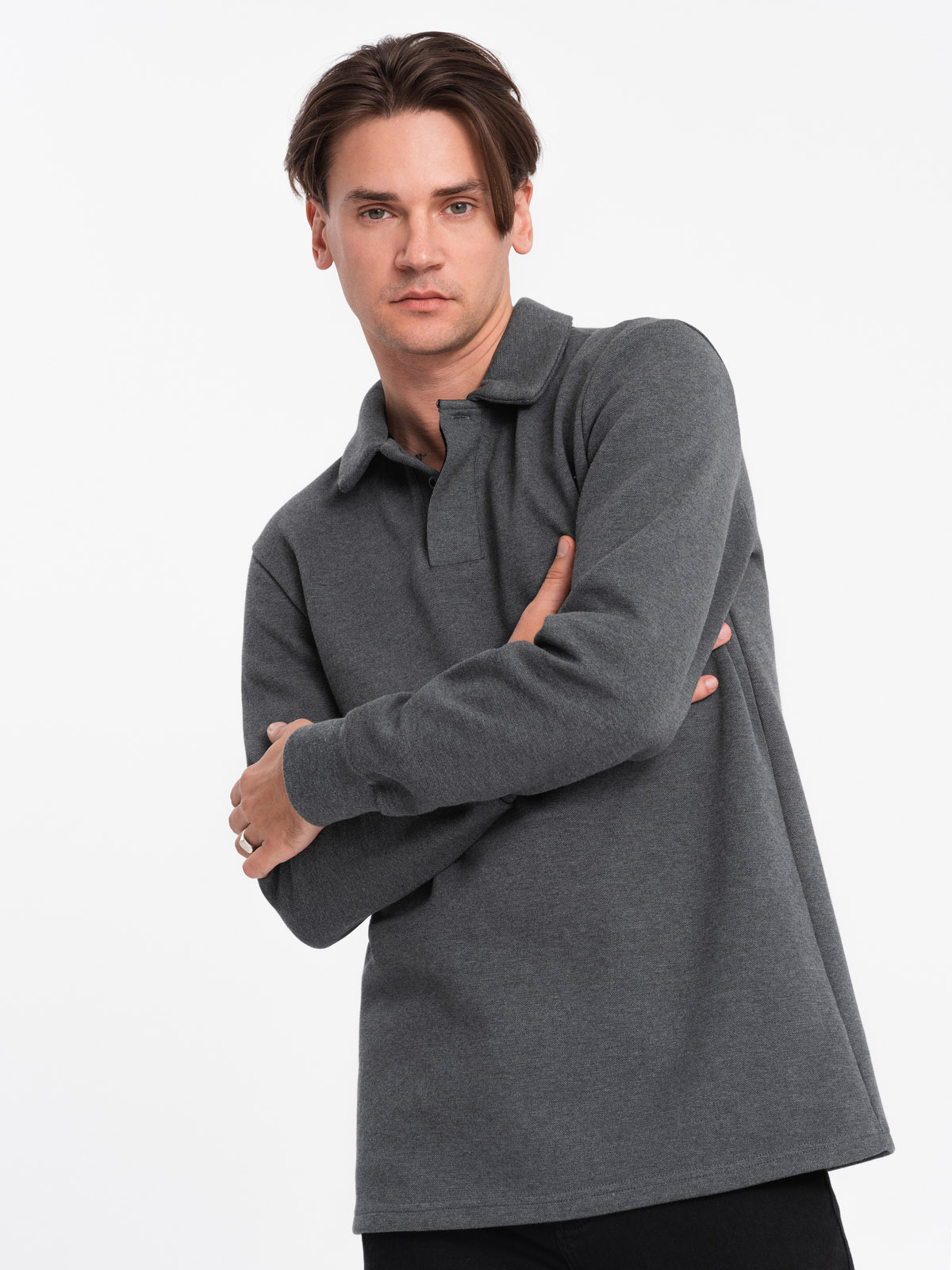 Levně Ombre Men's structured knit polo collar sweatshirt - graphite melange