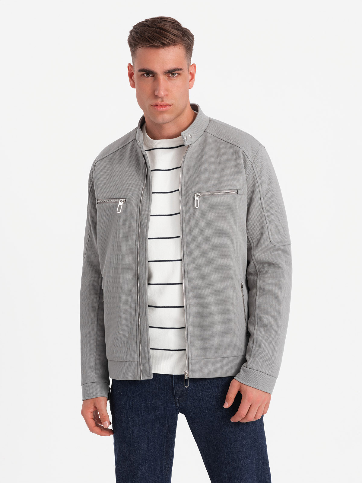 Ombre Men&#039;s biker jacket with pockets and collar - grey