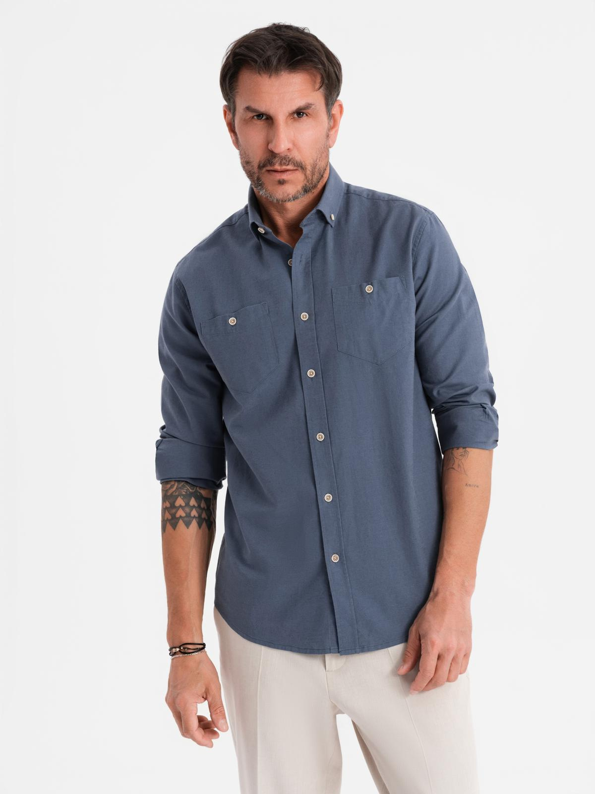 Ombre Men&#039;s linen shirt with classic collar and pockets REGULAR FIT - blue