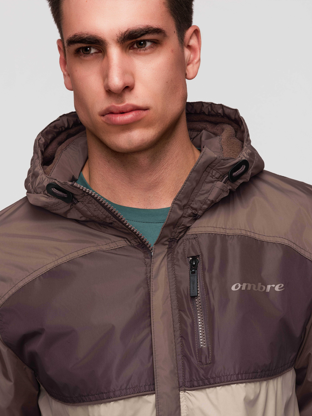 Ombre Lightweight colorful men's sports jacket with fleece - beige and dark brown