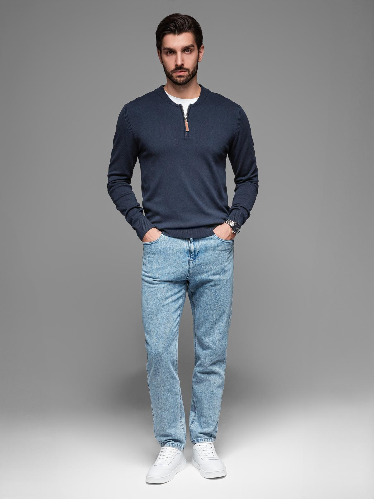 Ombre Men&#039;s sweater with viscose and spread neckline - navy blue