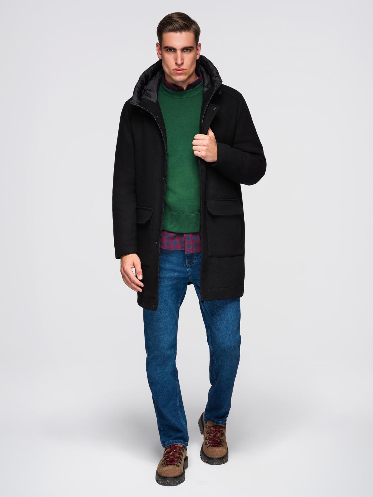 Ombre Men&#039;s parka coat with wool and hood - black