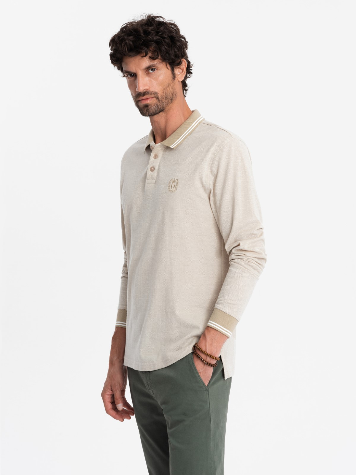Ombre Men's melange polo longsleeve with embroidery - sand melange