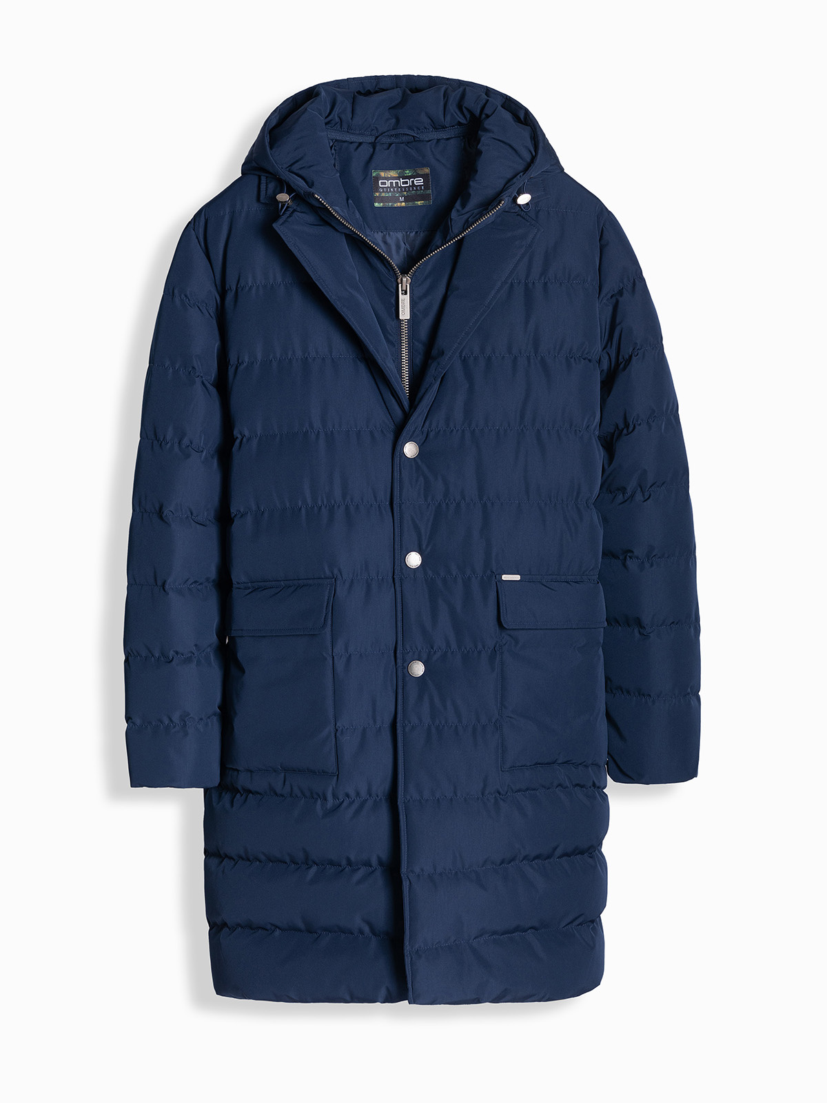 Ombre Men&#039;s long quilted jacket with lapels and lining - dark blue