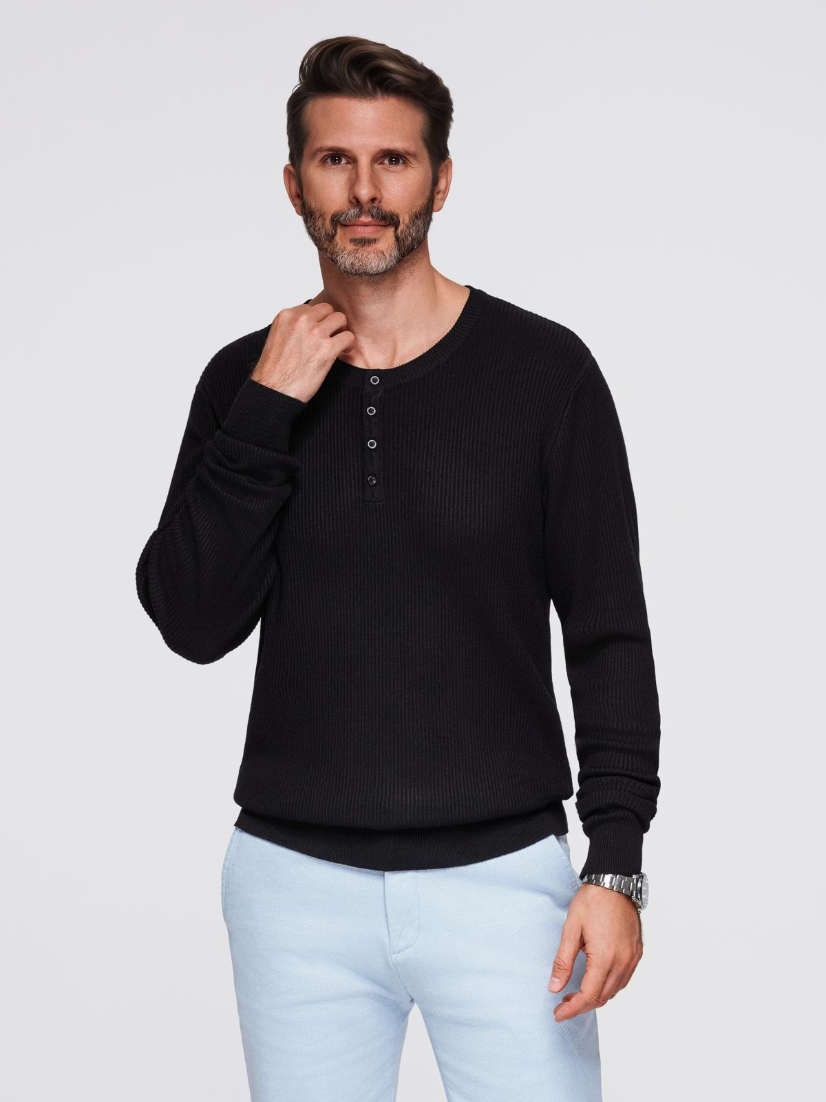 Ombre Mens ribbed sweater with buttons at the neckline - black