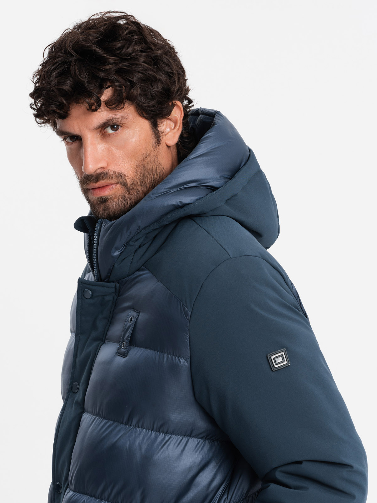 Ombre Men&#039;s quilted long jacket with large pockets - navy blue