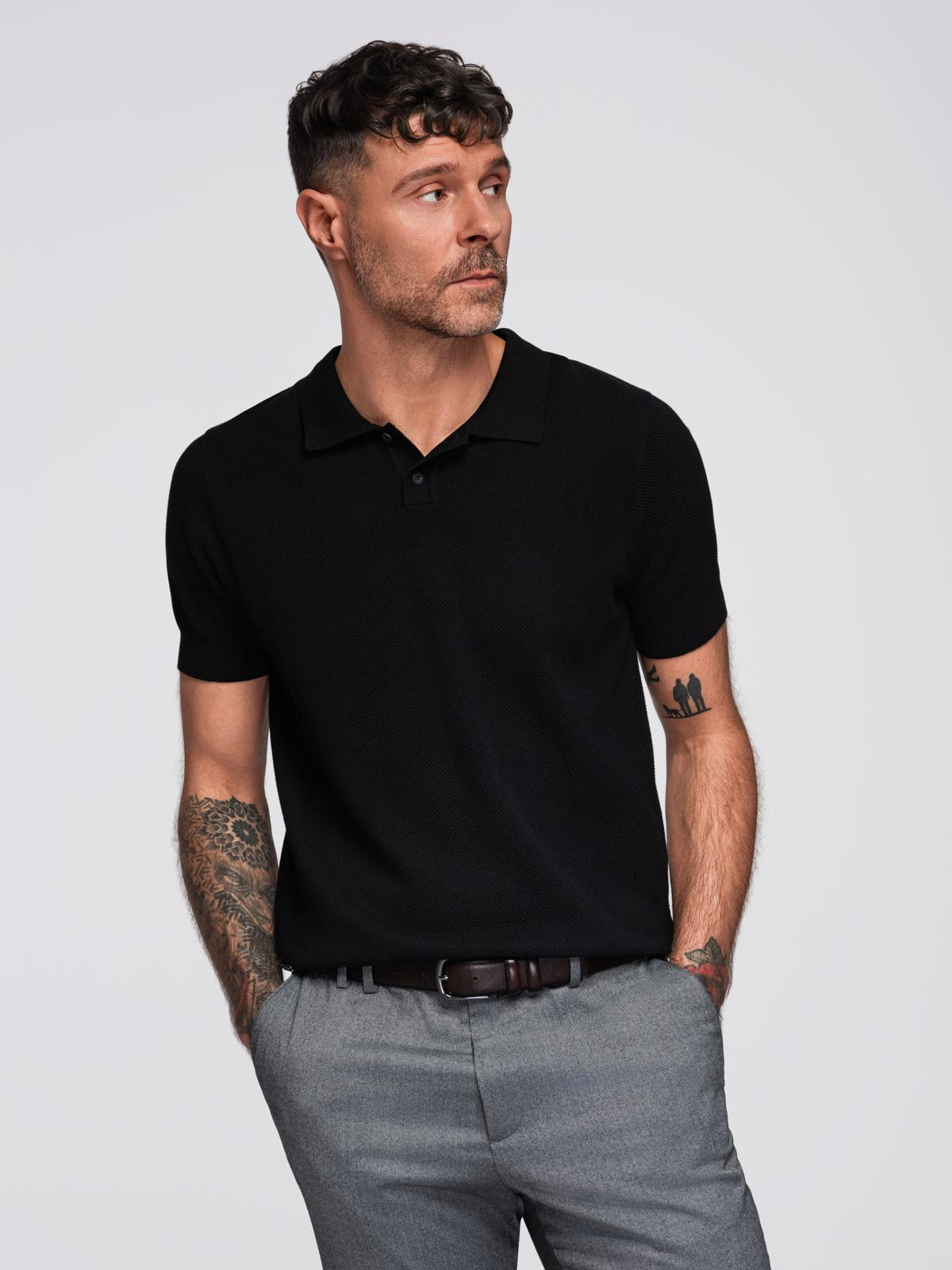 Ombre Men's cotton structured knit polo shirt - black