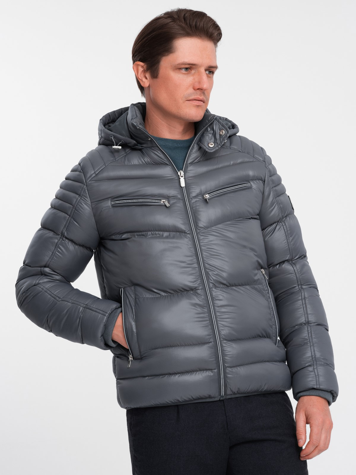 Ombre Heavily insulated quilted men&#039;s jacket with detachable hood - graphite
