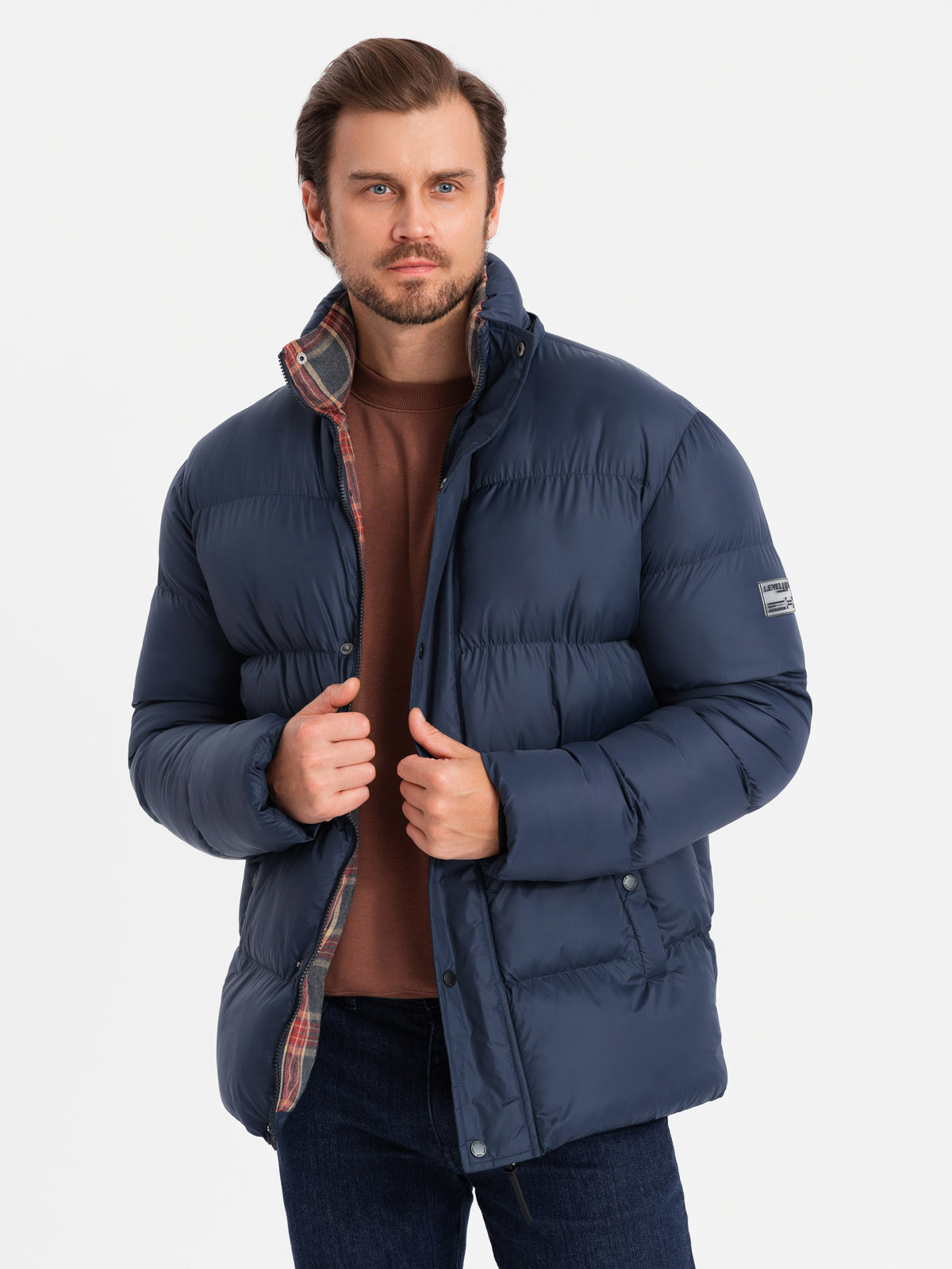 Ombre Men's Puffer Jacket With Check Lining - Navy Blue