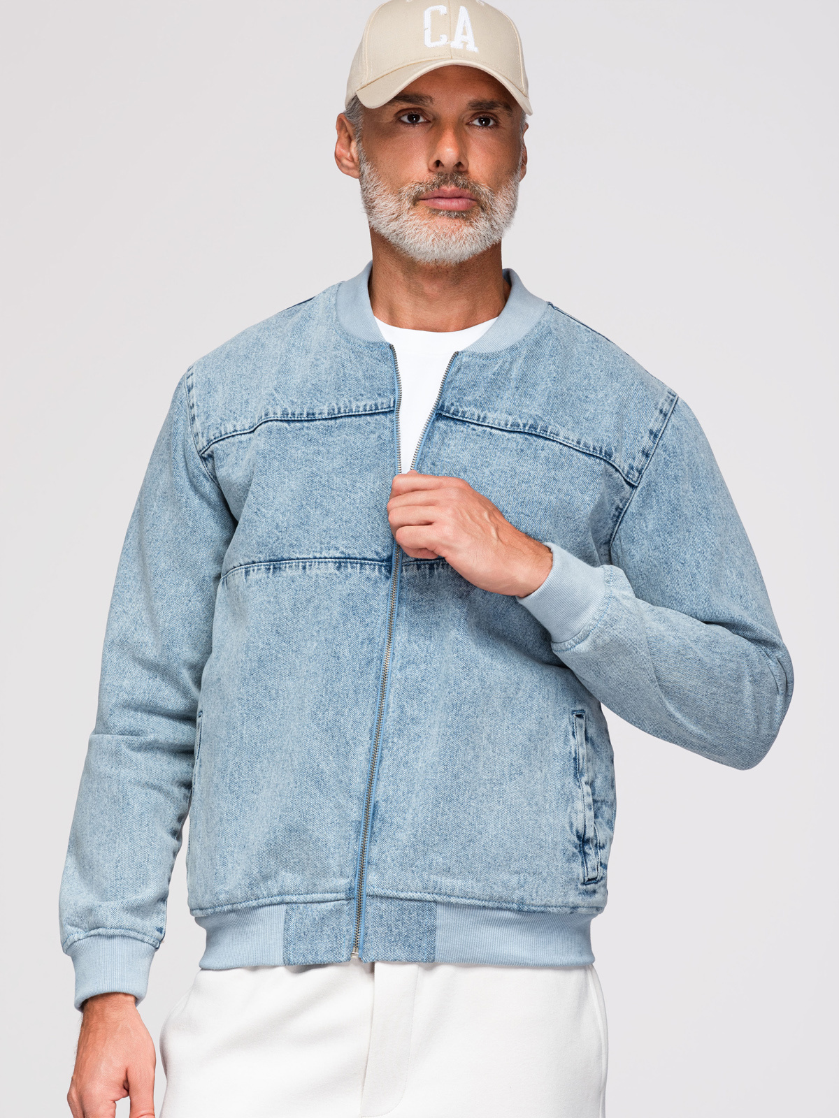 Ombre Men's denim bomber jacket with stone wash effect - light blue