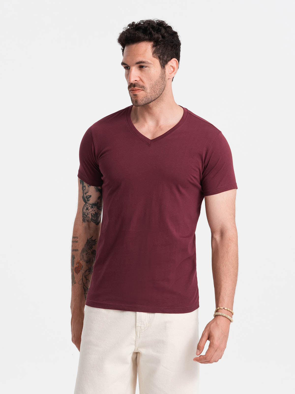Ombre BASIC men's cotton classic tee shirt with a v-neck - maroon