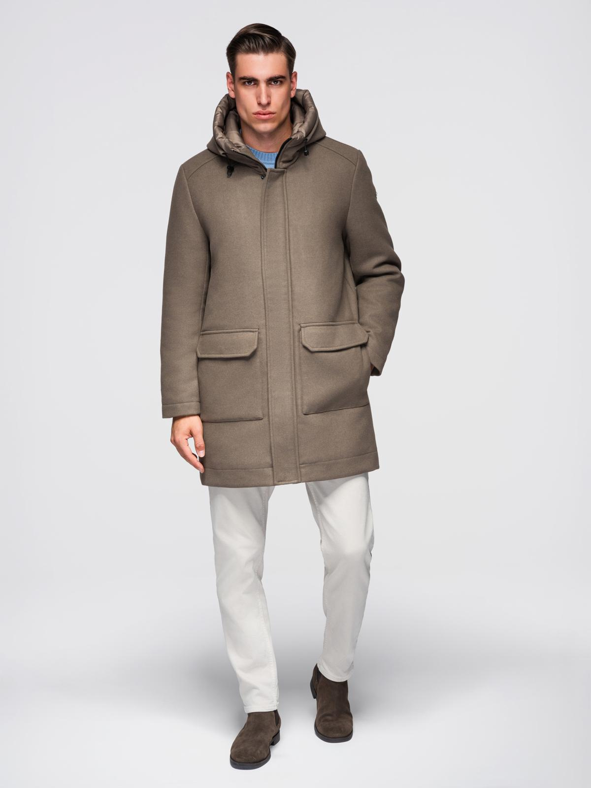 Ombre Men&#039;s parka coat with wool and hood - khaki