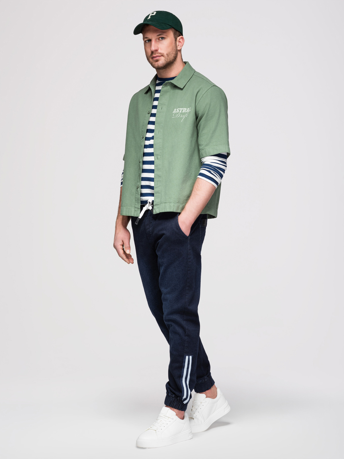 Ombre Men's denim joggers with piping - dark blue