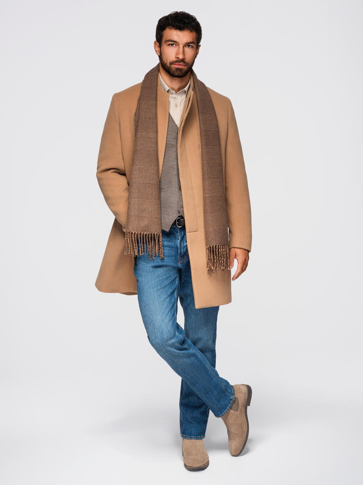 Ombre Men&#039;s coat with asymmetrical fastening and high collar - light brown