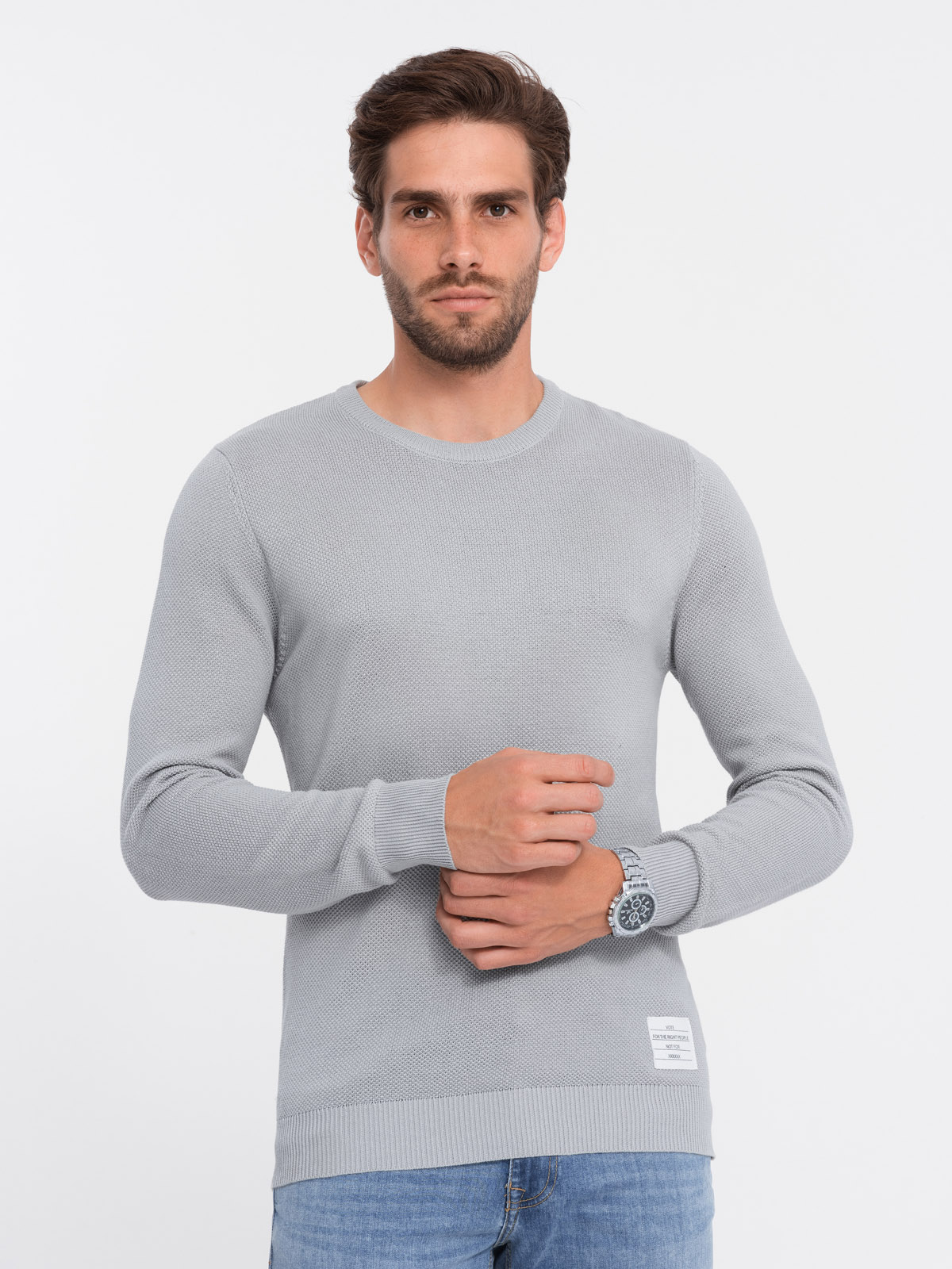 Ombre Men's textured sweater with half round neckline - light grey
