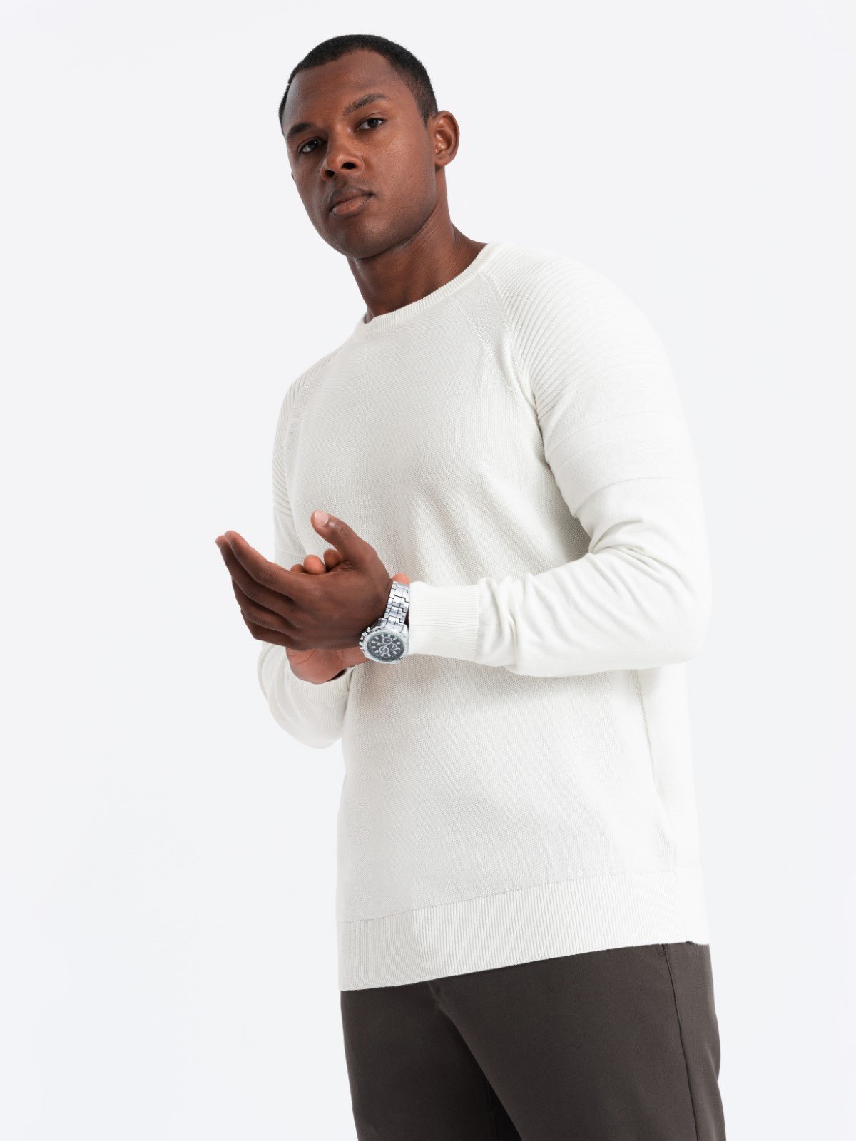 Ombre Men's Raglan Sweater With Ribbed Sleeves - White