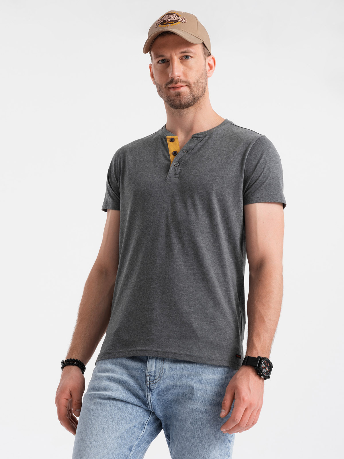 Ombre Men's t-shirt with round henley neckline - dark grey