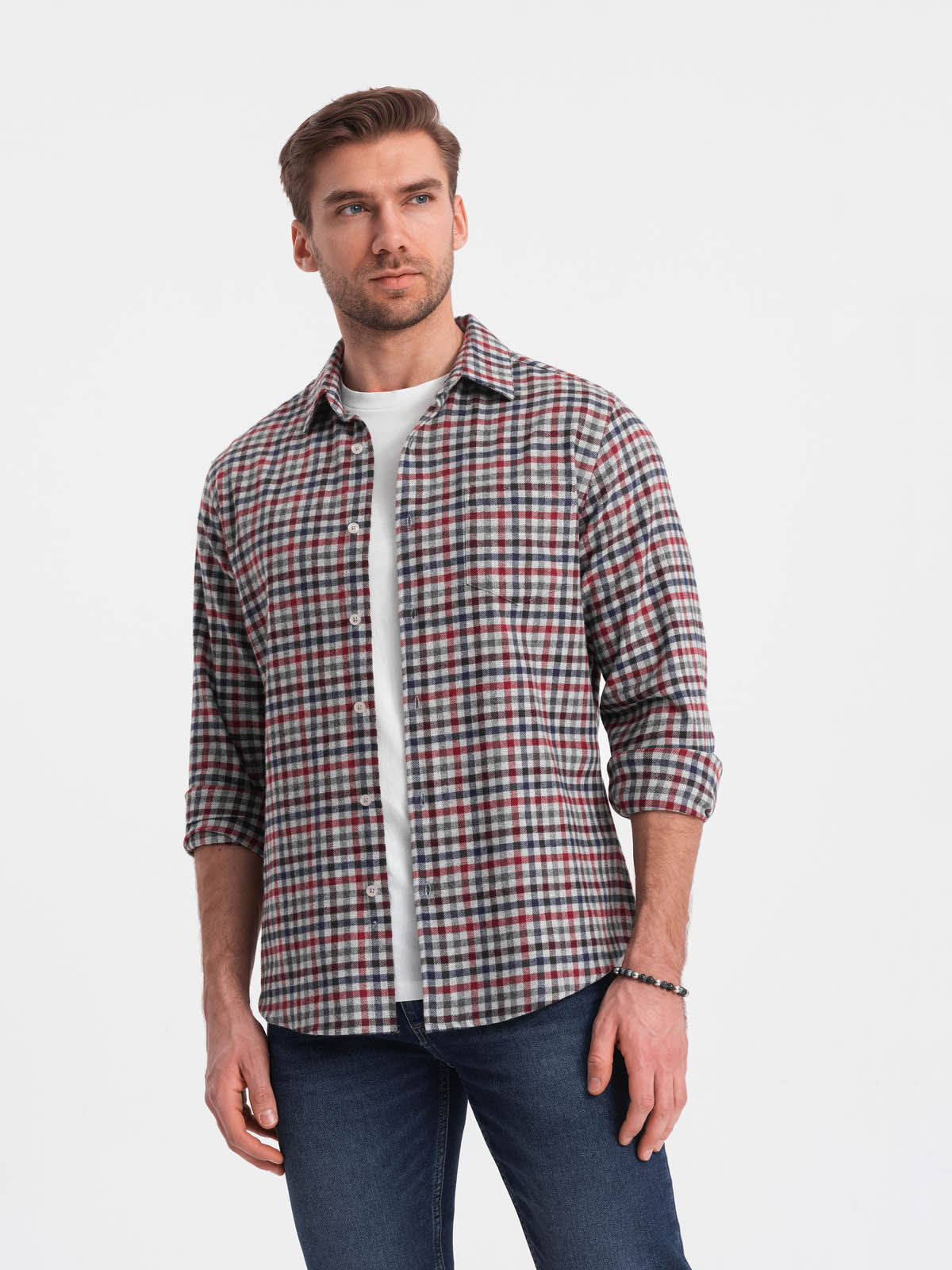 Ombre Men's checkered flannel shirt - navy blue and red