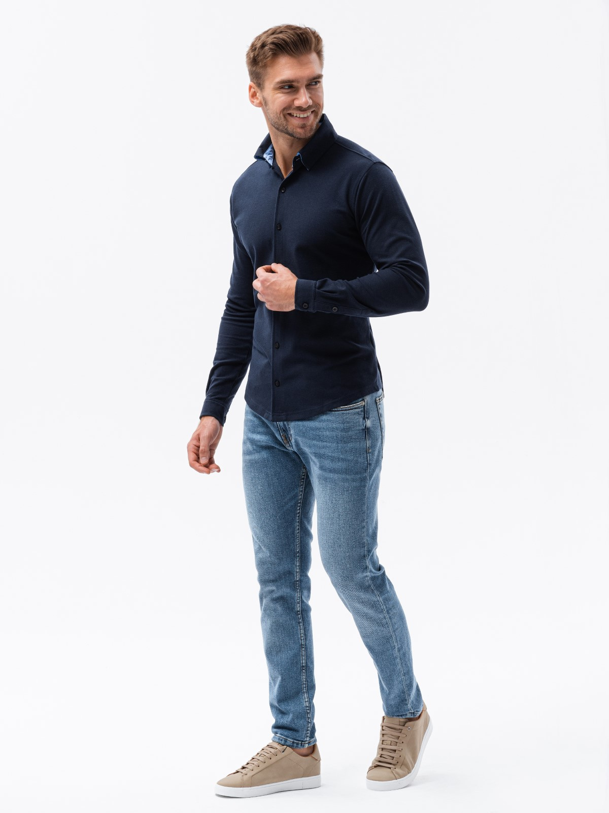 Ombre Men&#039;s knitted SLIM FIT long sleeve shirt - navy blue