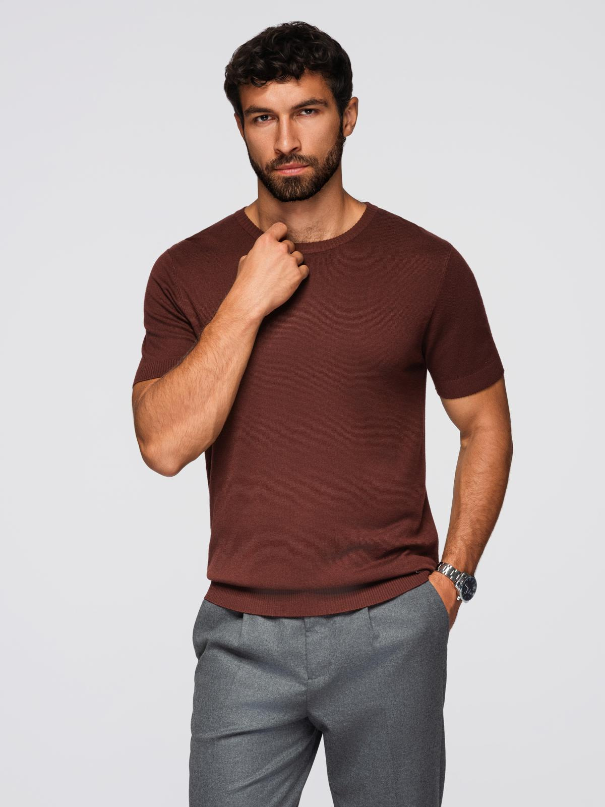 Ombre Men's classic knitted shirt with ribbed cuffs - warm brown