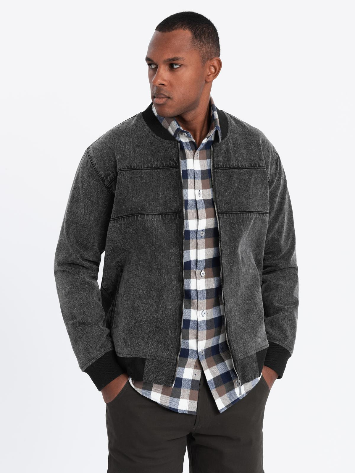 Ombre Men&#039;s denim bomber jacket with stone wash effect - black