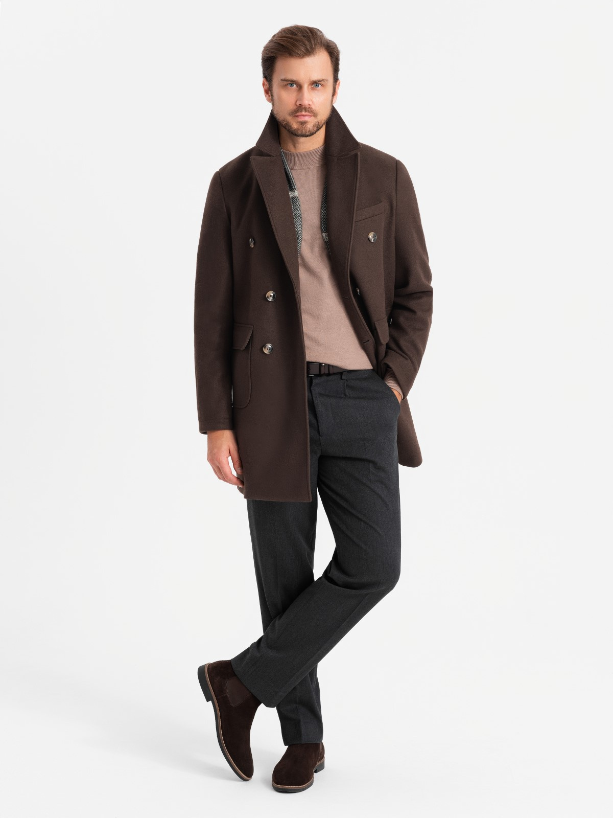 Ombre Men's double-breasted coat with decorative buttons - dark brown