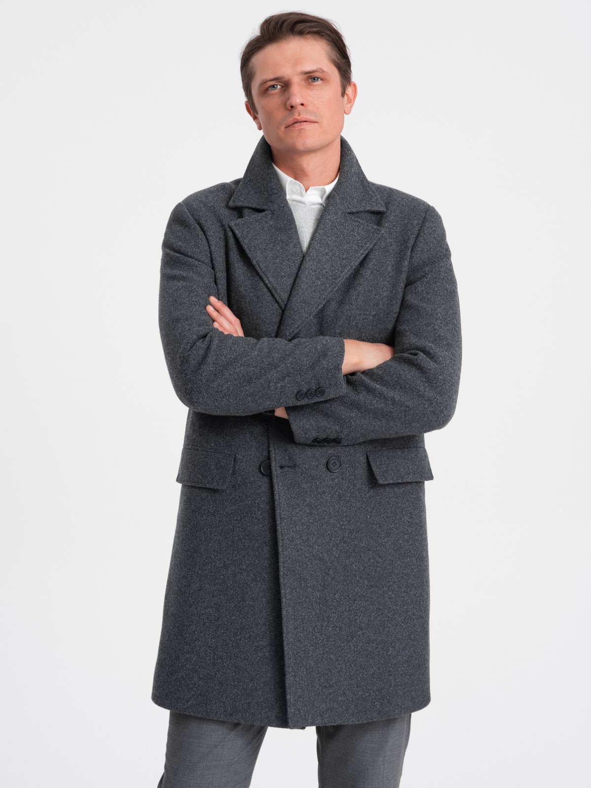Levně Ombre Men's double-breasted lined coat - graphite