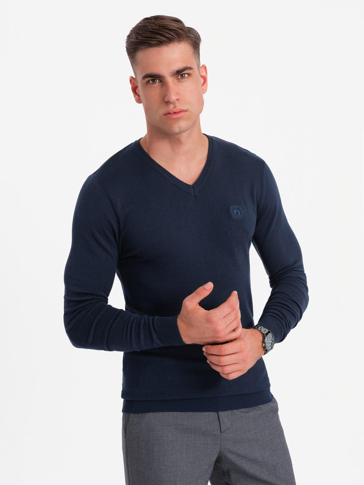 Ombre Men&#039;s elegant BASIC V-neck sweater with viscose - navy blue