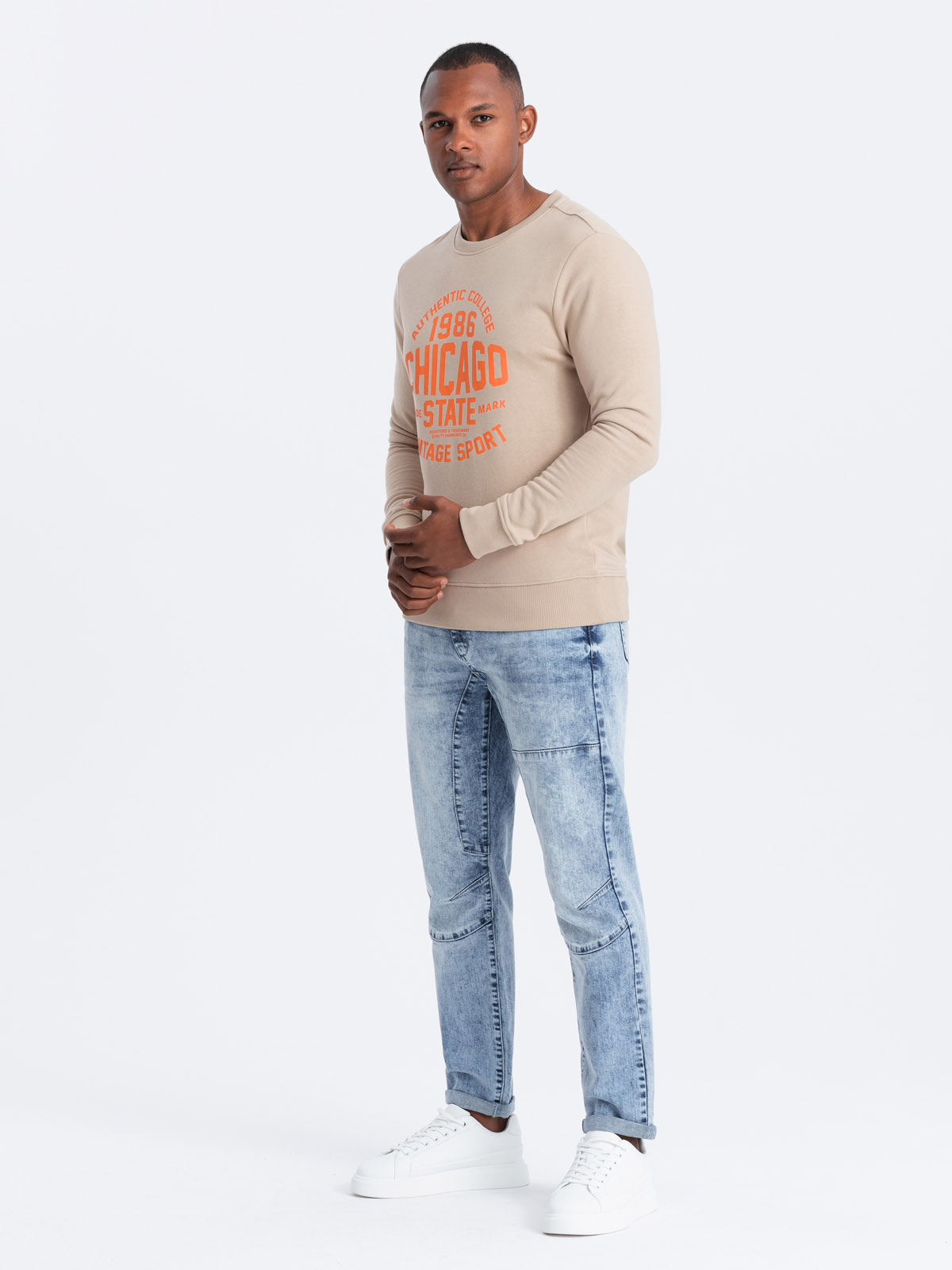 Ombre Men&#039;s denim TAPER FIT pants with stitching and rolled up legs - blue
