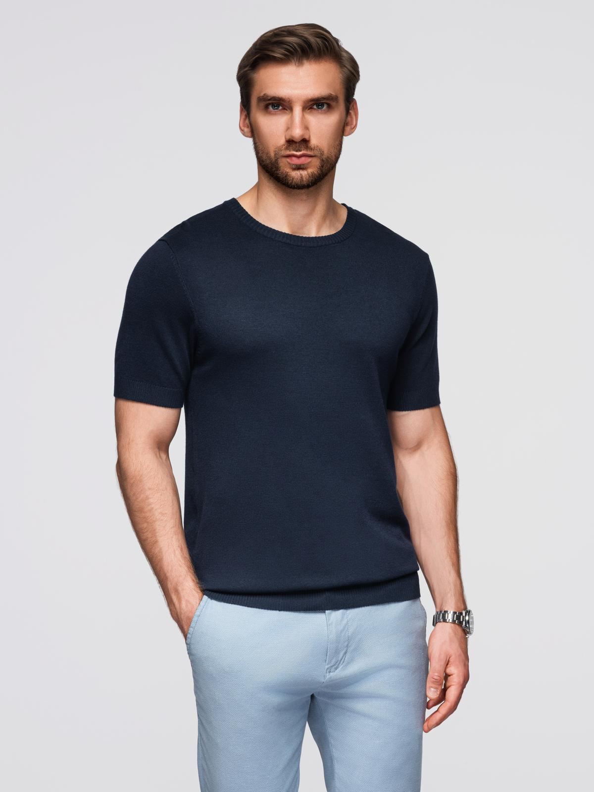 Ombre Men&#039;s classic knitted shirt with ribbed cuffs - navy blue