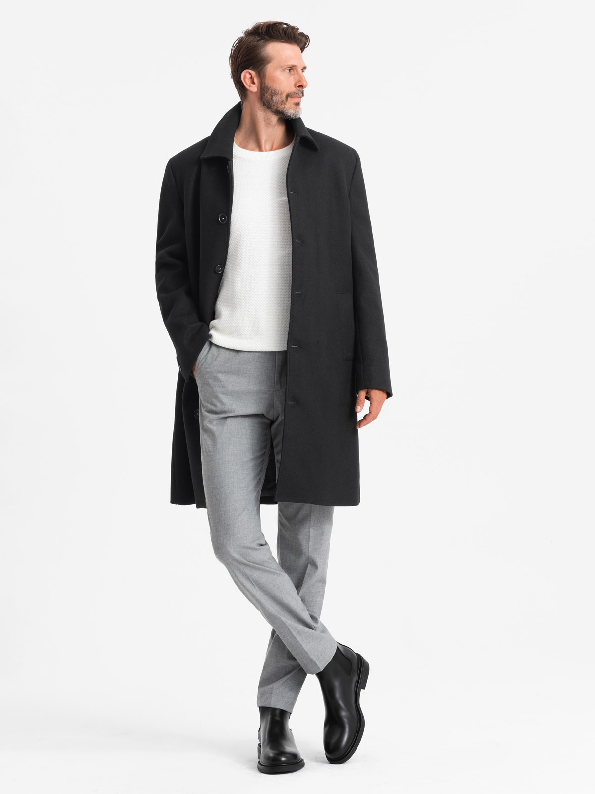 Ombre Men&#039;s long single-breasted coat with collar and undercoat - black