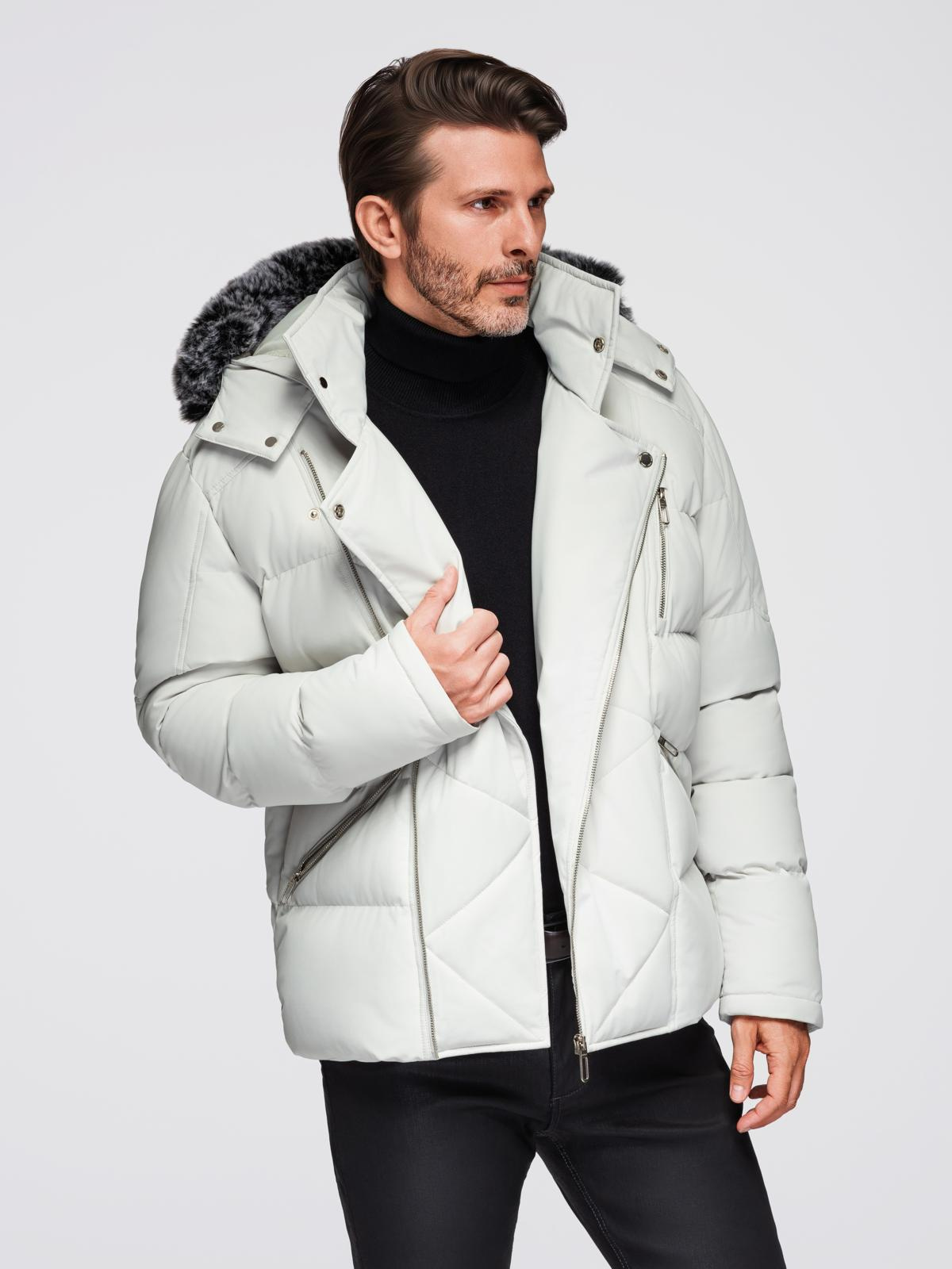 Ombre Men&#039;s quilted jacket with hooded ramonesque cut - light grey